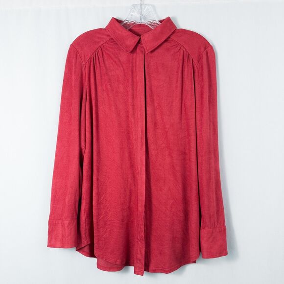 Chicos Smooth Faux Suede Reza Shirt Womens 1 Medium Red Hidden Button Front - Picture 1 of 15
